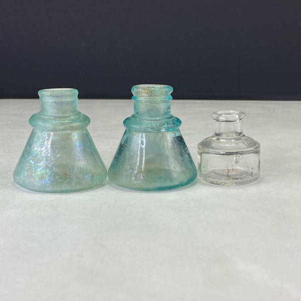 Vintage Collectible Ink Well Bottles Higgins, Sanford's, Unbranded in Green and Clear Glass Lot of 3