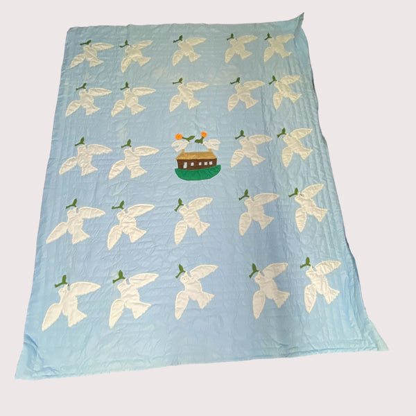 Noah's Ark Dove Pattern Quilt Blanket Blue & White 94 inches by 76 inches.