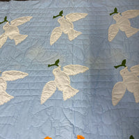 Noah's Ark Dove Pattern Quilt Blanket Blue & White 94 inches by 76 inches.