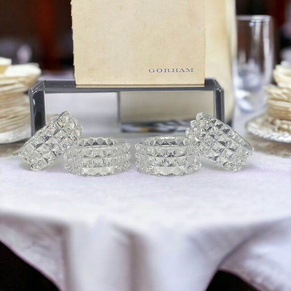 Vintage Gorham Fairfax Barware Crystal Napkin Rings Set of 4 with Box