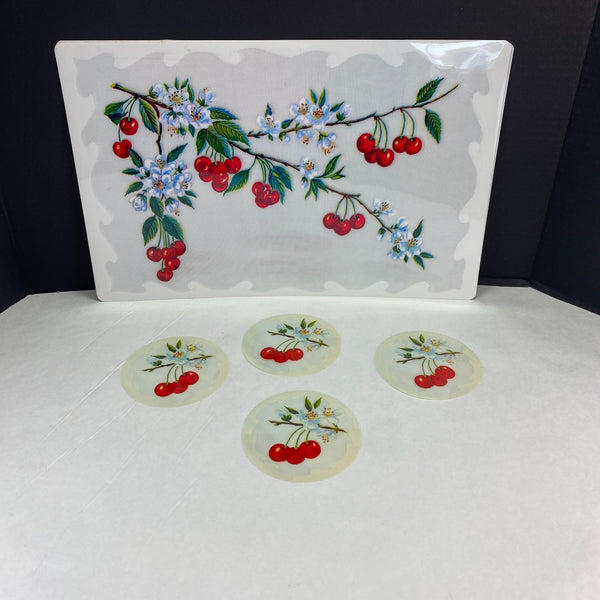 Vintage Mid Century Plastic Placemats and Coasters Set of 4 Cherry Design